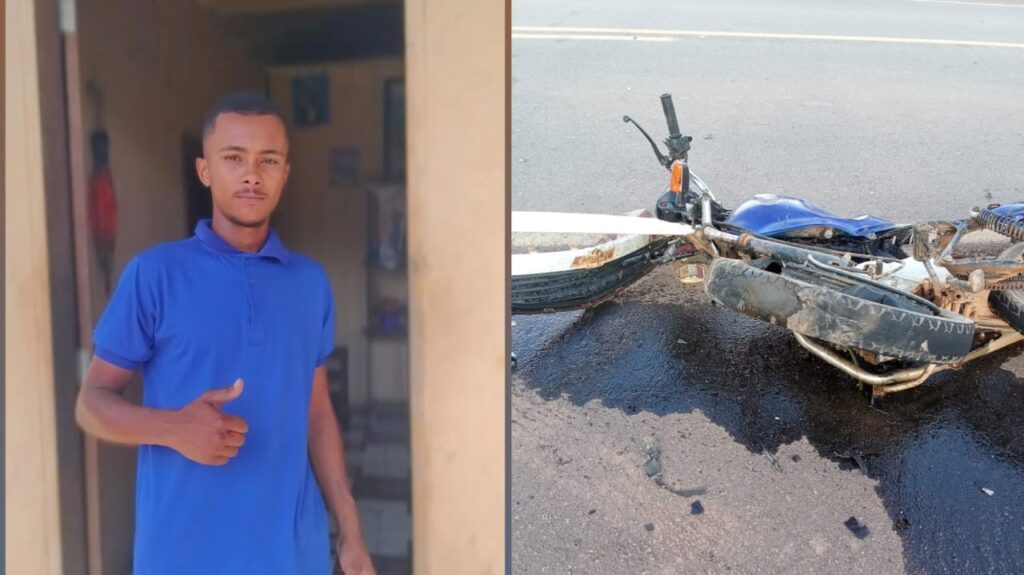 Díptico: jovem em camisa azul e motocicleta azul acidentada no asfalto com vazamento.