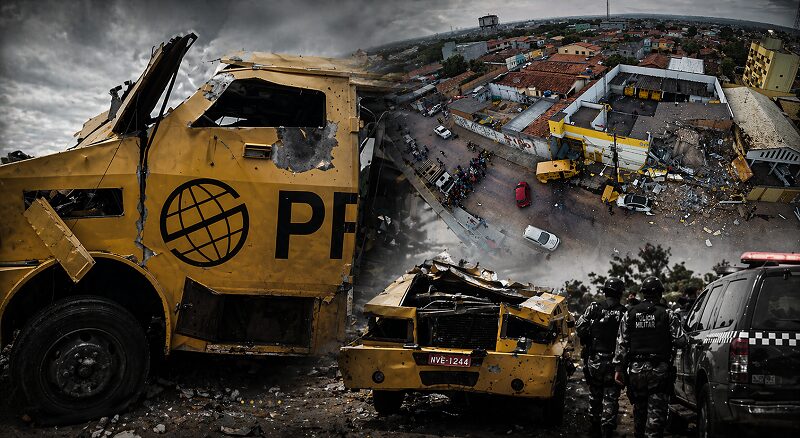 Dois carros-fortes amarelos destruídos, com a sigla PF, em frente a um prédio parcialmente desabado em uma área urbana.