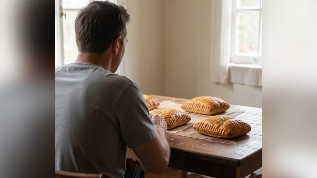 Homem sentado à mesa de madeira observando pães caseiros assados