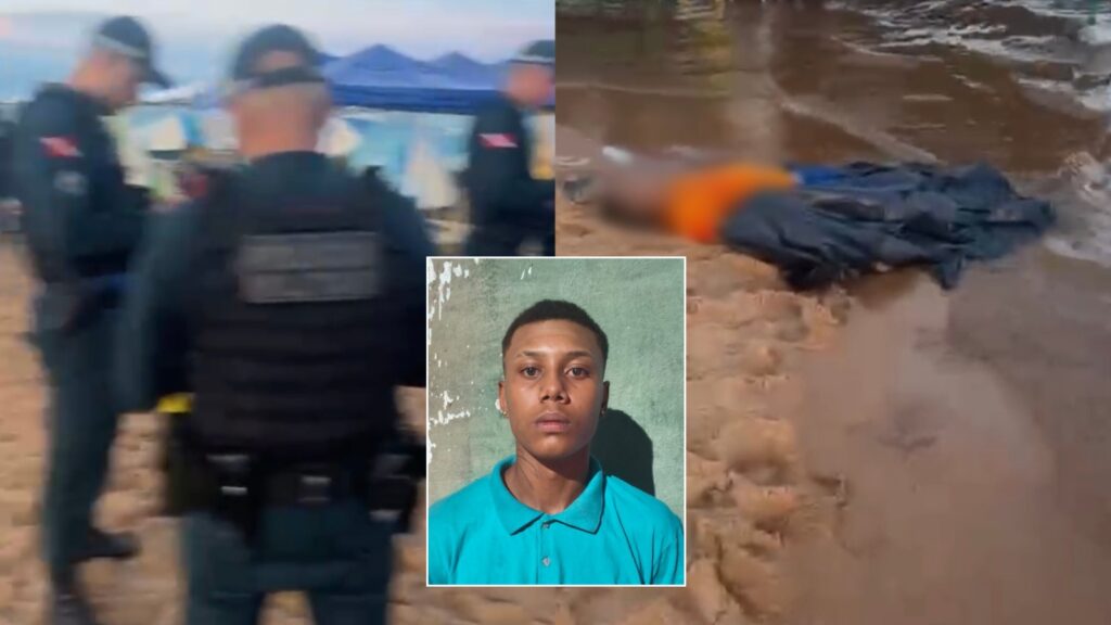 Colagem de imagens: policial em cena de investigação, corpo em área alagada e foto de um jovem.
