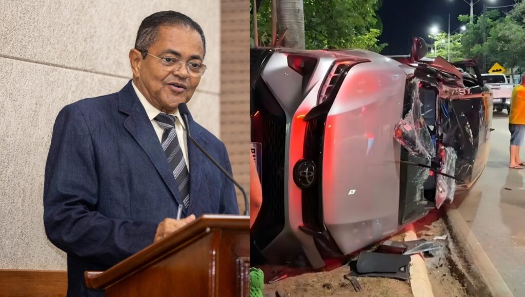Homem de terno em púlpito e carro capotado em acidente.