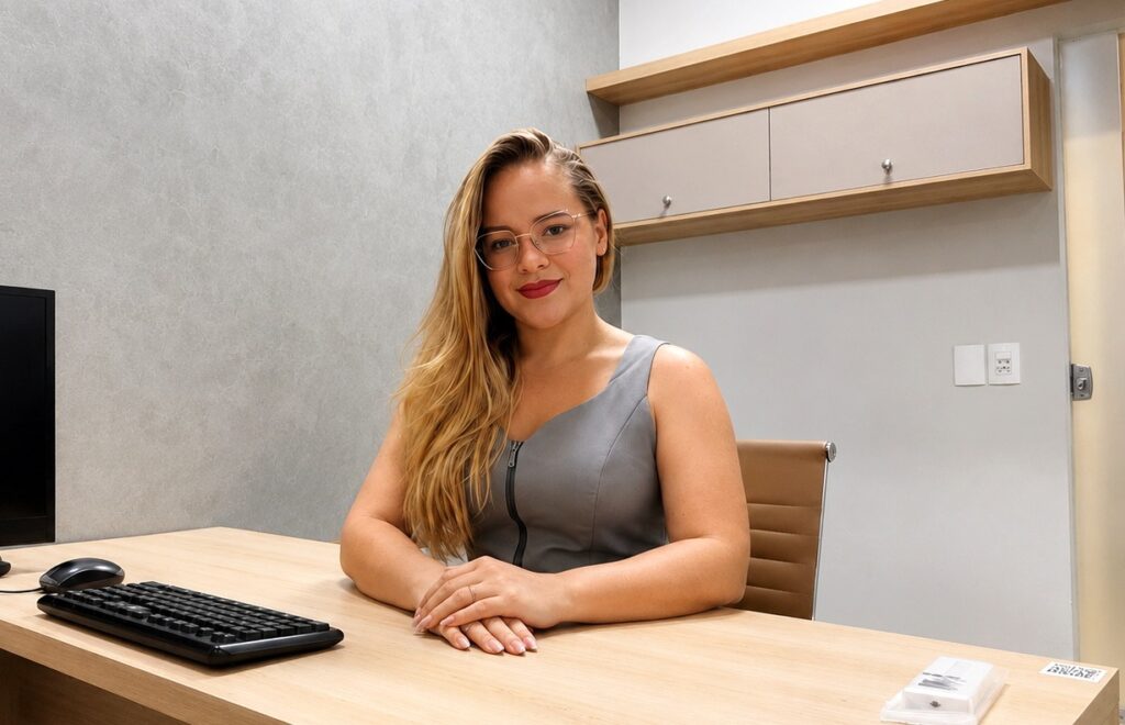 Mulher loira de óculos e batom vermelho sentada em mesa de escritório, sorrindo.