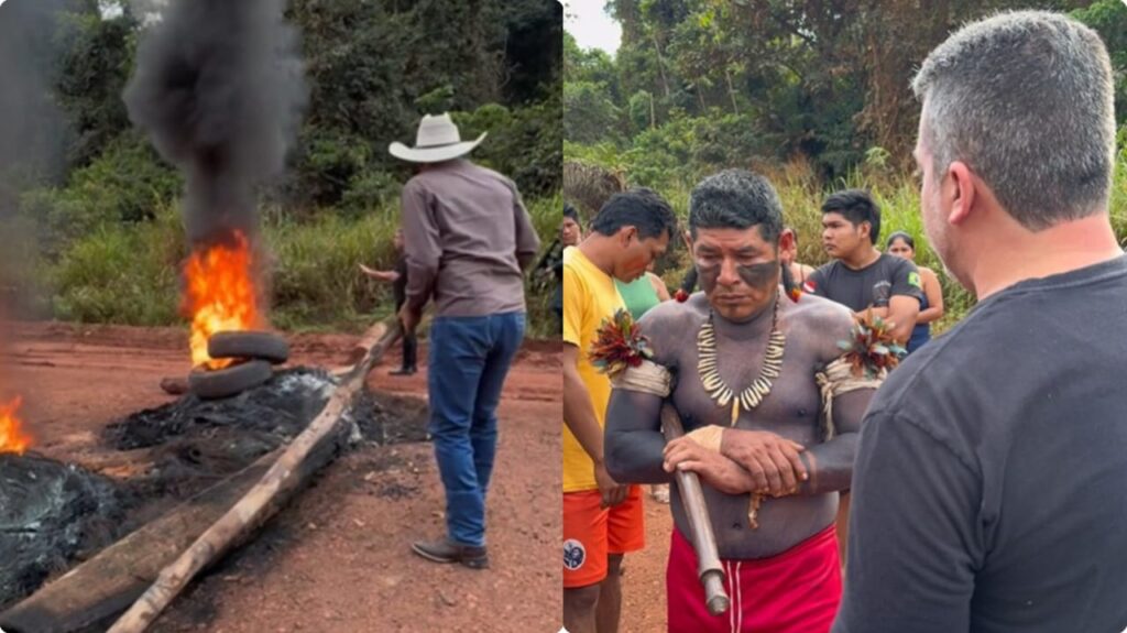 Imagem dividida mostrando, à esquerda, um homem de chapéu perto de uma fogueira e, à direita, um indígena em primeiro plano com adornos tradicionais.