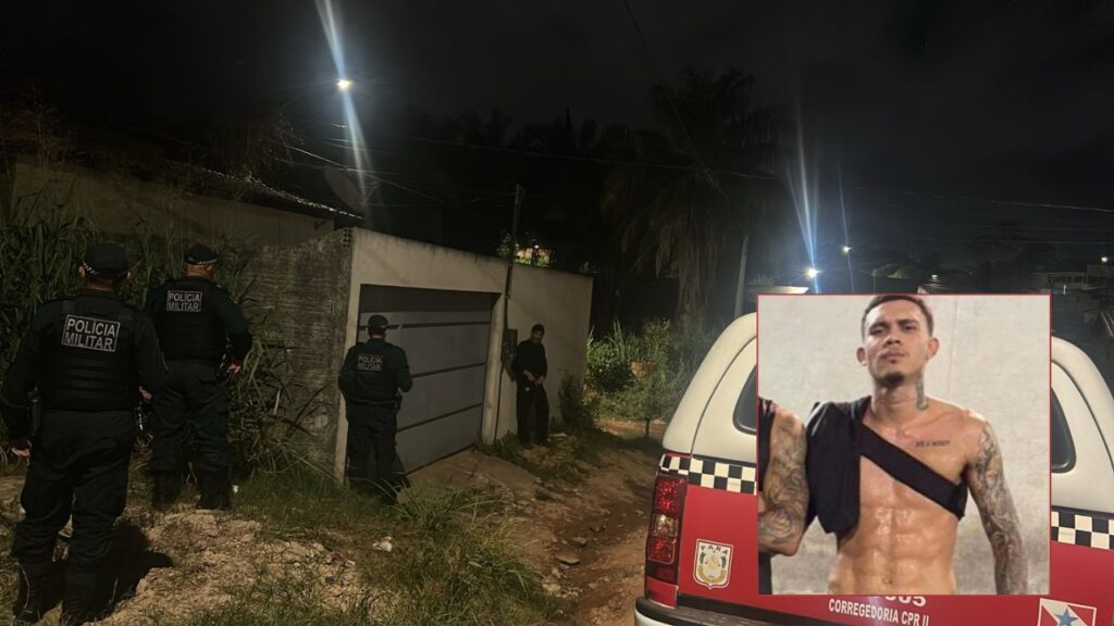 Policiais militares em frente a uma residência à noite, com imagem de um homem sobreposta.