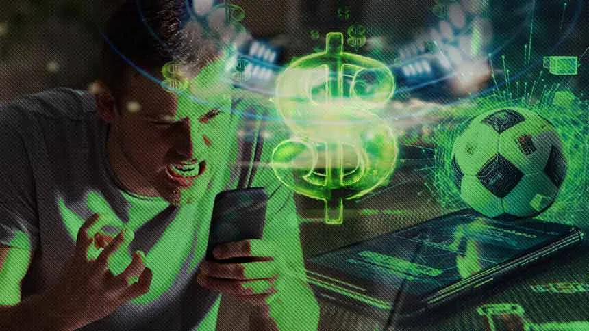Homem expressando frustração ao olhar para o celular com ícone de dólar e bola de futebol sobrepostos