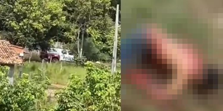 Viaturas policiais em uma área com vegetação ao lado de uma imagem pixelada