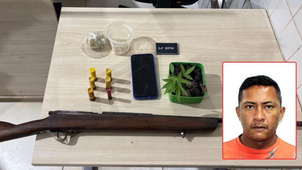 Itens apreendidos pela polícia incluindo uma arma, munições, um celular e uma planta em um vaso.
