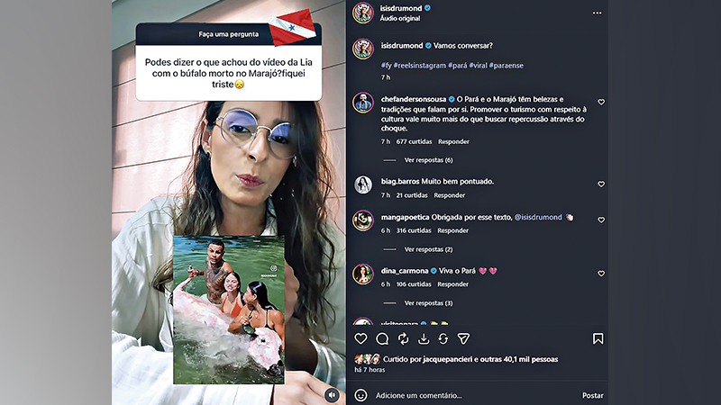 Captura de tela de um post no Instagram de Isis Drummond respondendo a uma pergunta sobre uma polêmica envolvendo a cultura paraense.