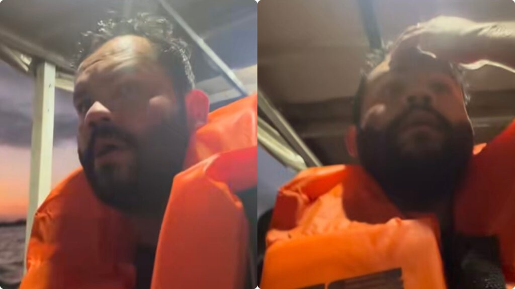 Homem com barba usando um colete salva-vidas laranja em uma composição dividida.