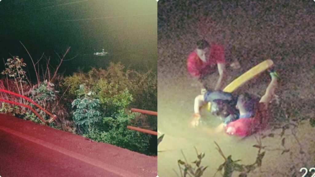 Montagem de duas fotos: à esquerda uma vista noturna de um rio com barco, à direita pessoas em um resgate na água.