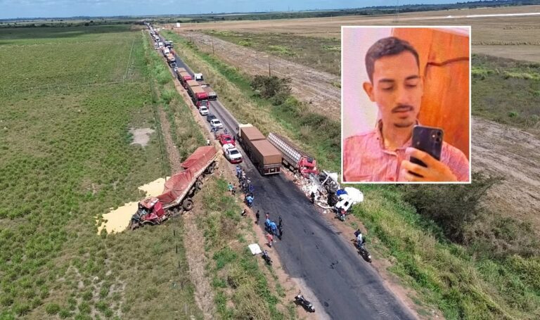 Motorista morre preso às ferragens após colisão entre três veículos pesados na BR-155