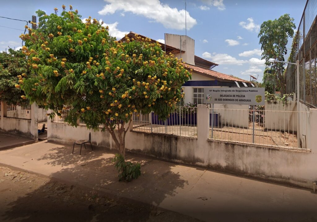 Fachada da Delegacia de Polícia de São Domingos do Araguaia com uma árvore florida em frente