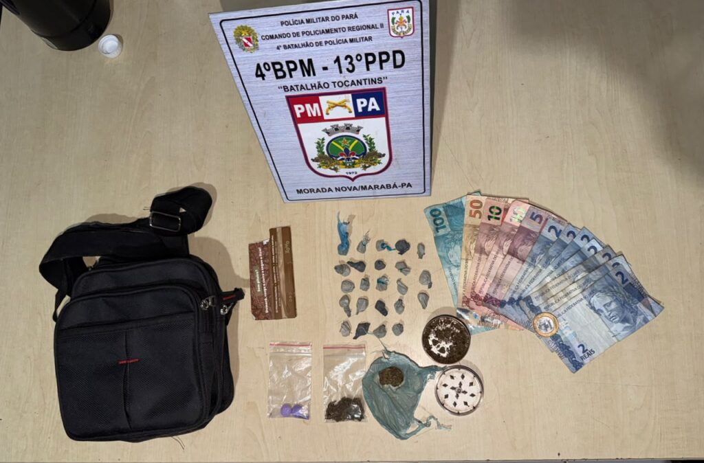 Apreensão de drogas, dinheiro e acessórios realizada pelo 4º Batalhão da Polícia Militar do Pará em Marabá.
