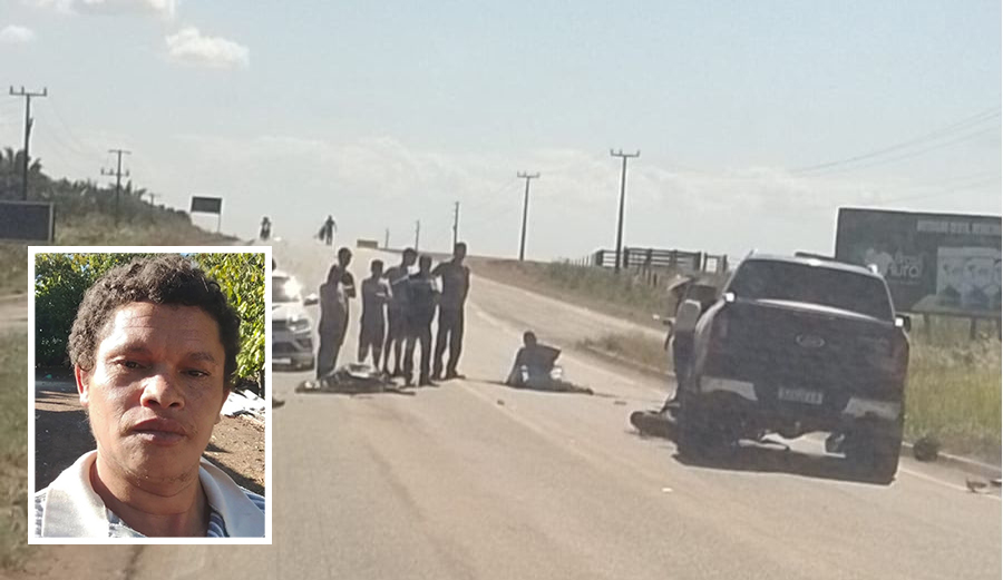Retrato de um homem em destaque e cena de acidente de trânsito em rodovia ao fundo.