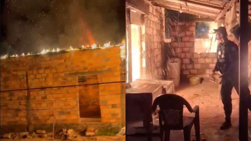 Imagem dividida mostrando uma casa de tijolos pegando fogo à noite e o interior da residência iluminado pelas chamas.
