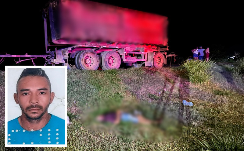 Retrato de um homem ao lado de uma imagem desfocada de um acidente rodoviário noturno com uma carreta.