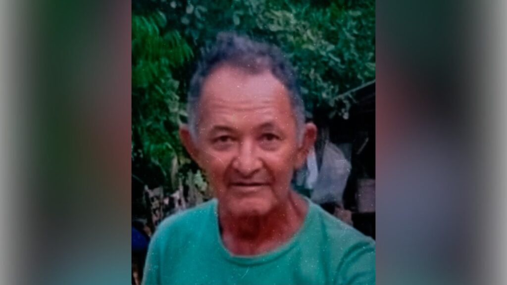 Retrato de um senhor de idade com pele clara e camisa verde ao ar livre.