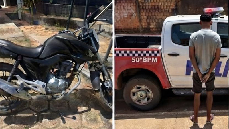 Motocicleta preta apreendida ao lado de um homem sendo detido por uma viatura do 50º BPM.