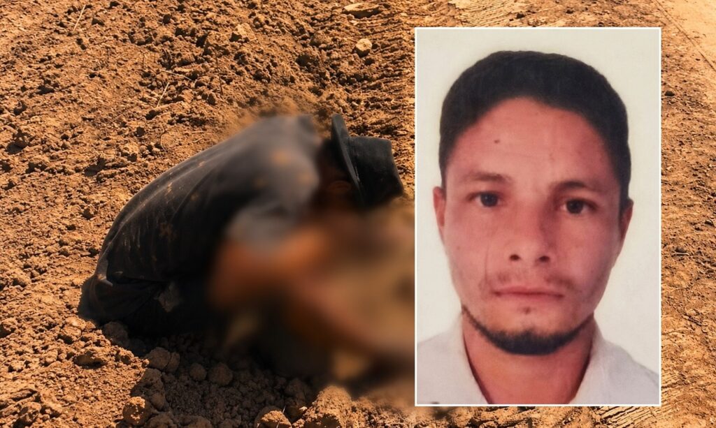 Montagem mostrando uma pessoa caída em terreno de terra ao lado de uma foto de rosto do mesmo homem.