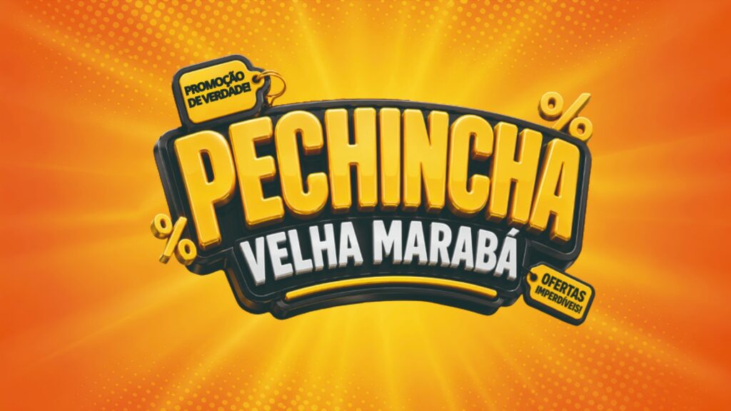 Arte promocional com o título Pechincha Velha Marabá em letras 3D amarelas sobre fundo alaranjado.