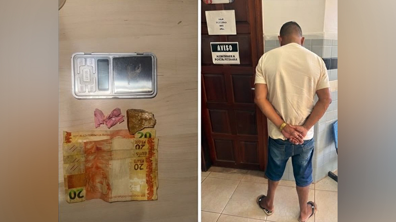 Montagem mostrando uma balança de precisão, notas de dinheiro e drogas apreendidas ao lado de um homem detido de costas.