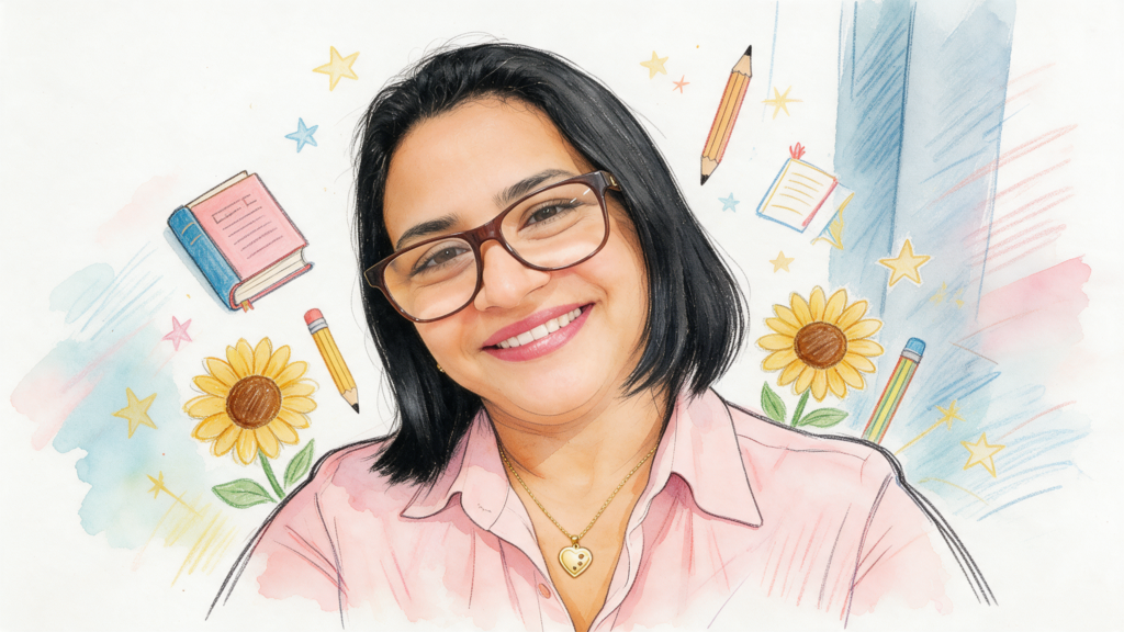 Ilustração digital em aquarela de uma mulher sorridente com cabelo curto preto, óculos e camisa rosa, cercada por girassóis e itens de papelaria.