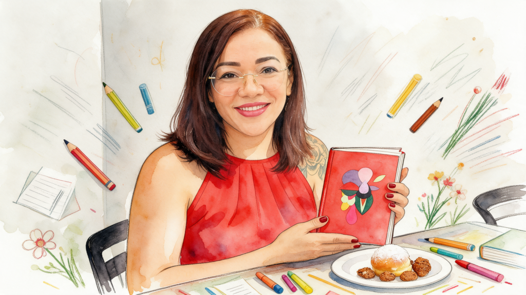 Ilustração em aquarela de uma mulher sorridente vestindo blusa vermelha segurando um livro com capa ilustrada.