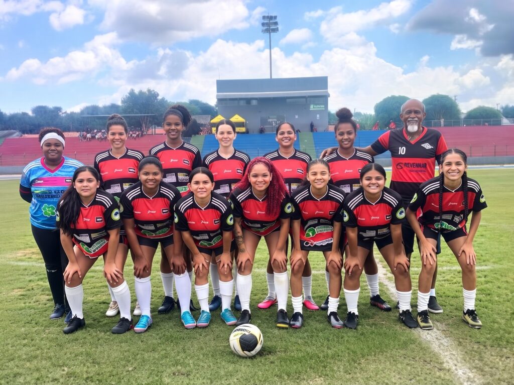 Time de futebol feminino posando para foto em campo com uniformes rubro-negros