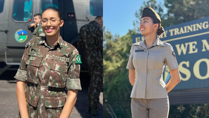 Militar feminina sorridente usando uniforme camuflado à esquerda e uniforme de gala bege à direita.