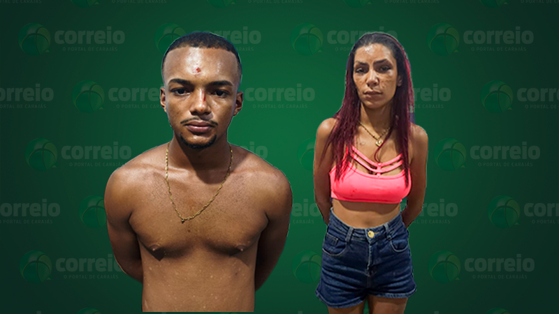 Homem e mulher detidos posando para foto de registro policial com fundo verde.